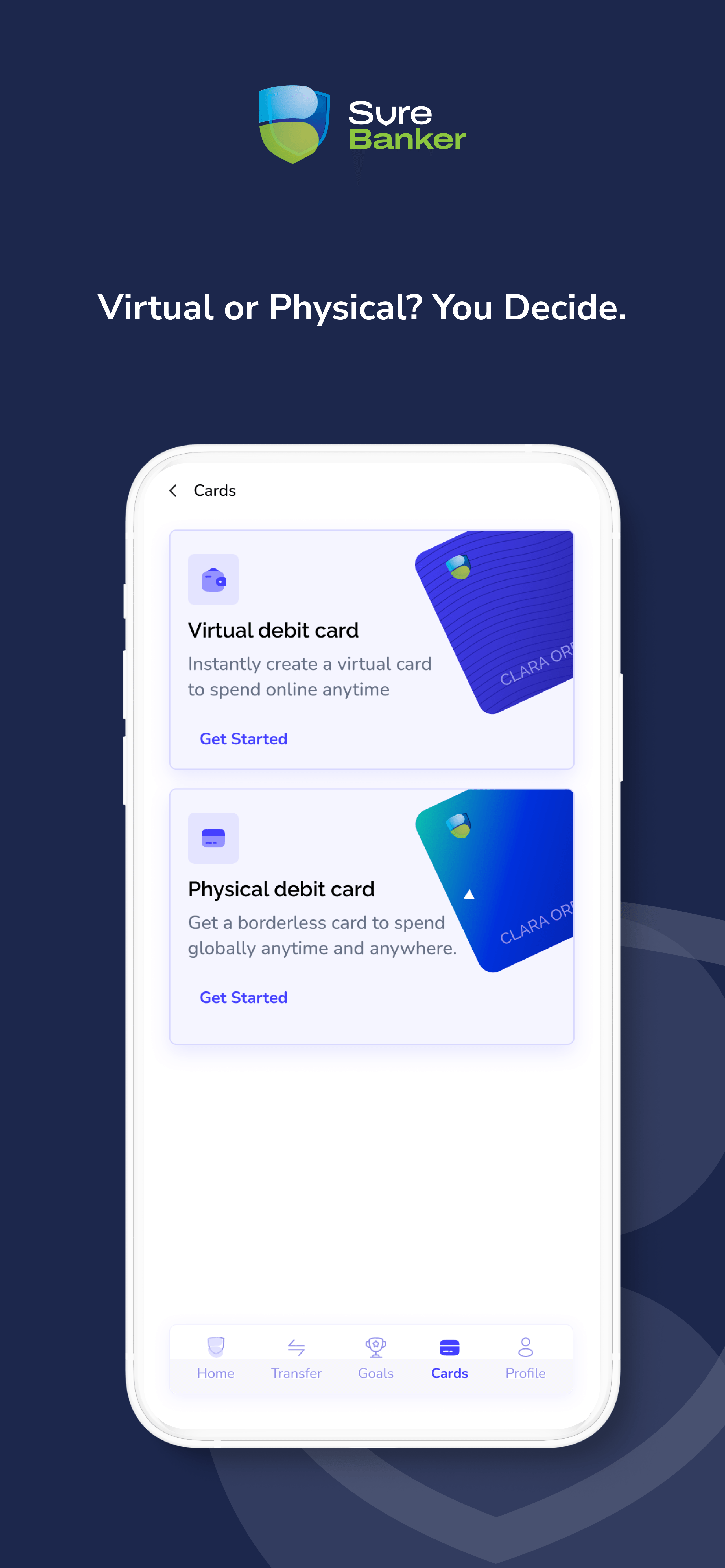 SureBanker App Store composition showing virtual and physical cards