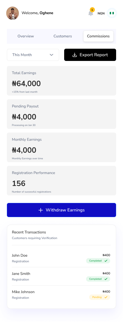 SureBanker Agents commission dashboard