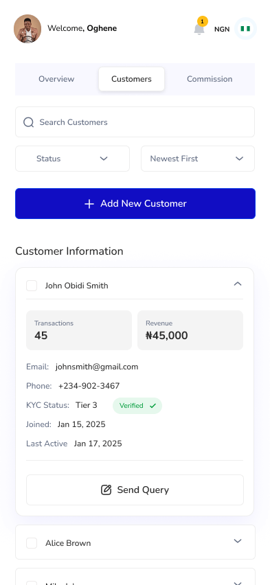 Agent customer management and KYC status