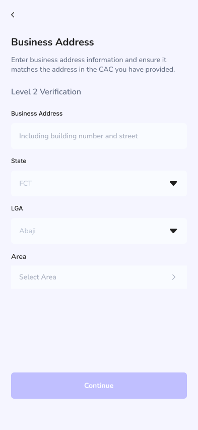 SureBanker Level 2 business address verification form matched to CAC records