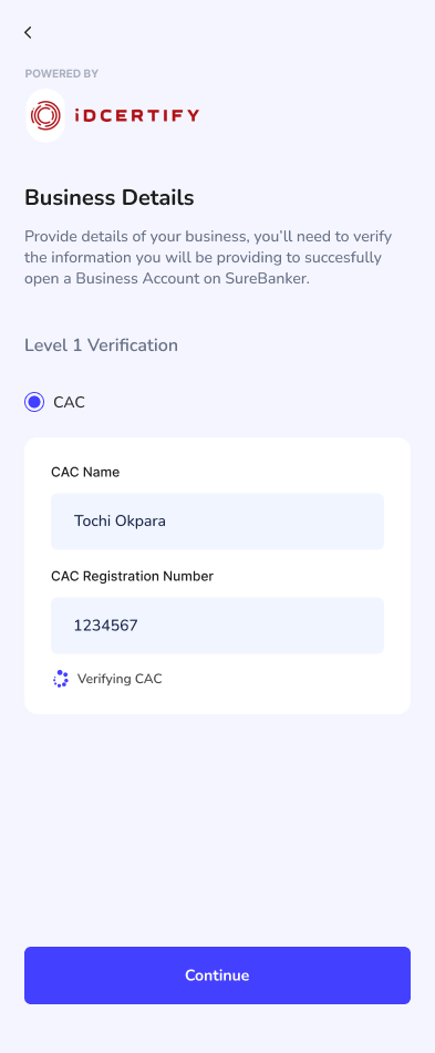 SureBanker Level 1 business verification form validating a CAC name and registration number