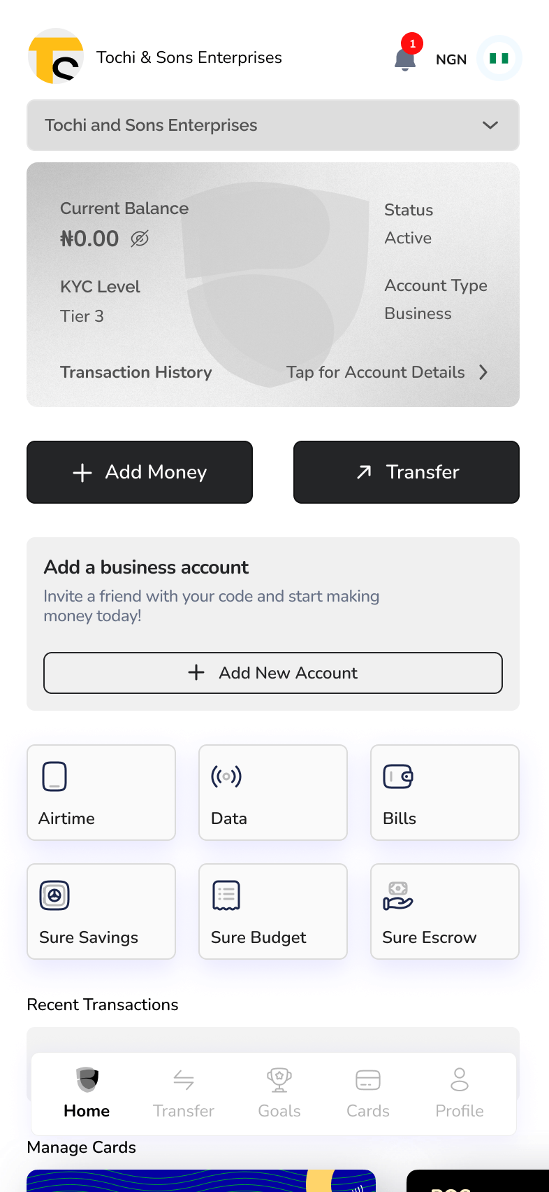 Business onboarding and silver dashboard with black actions