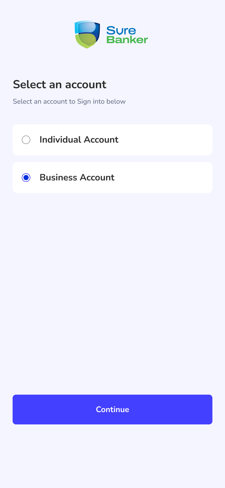 SureBanker Business registration screen