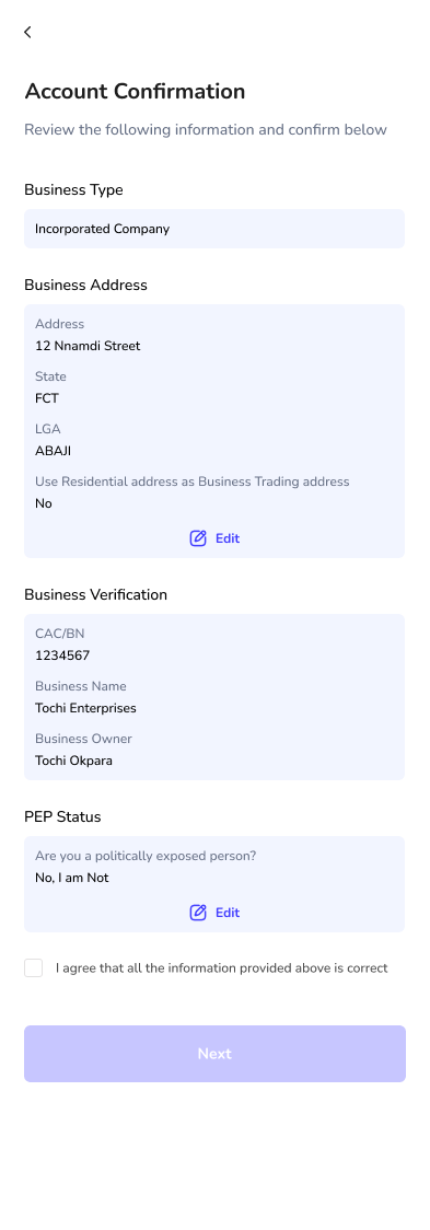 SureBanker business verification summary showing business type, address, CAC details, owner, and PEP status