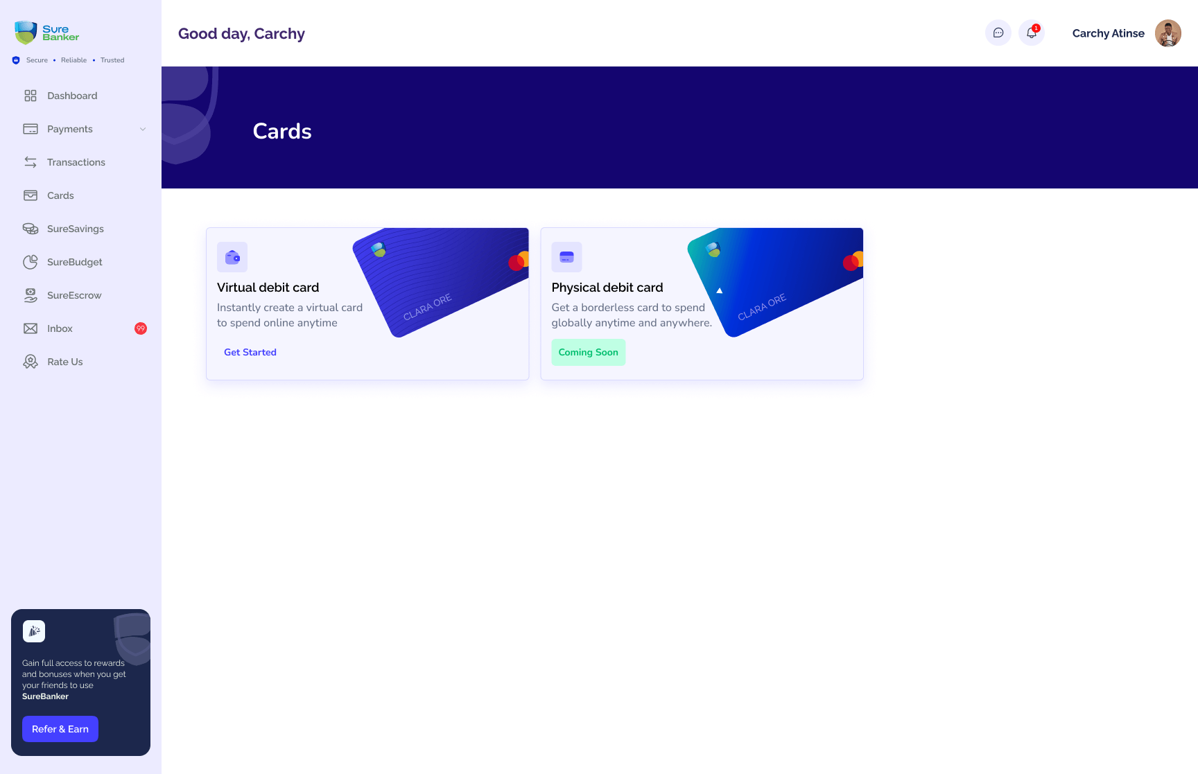 Virtual card management and recent card activity