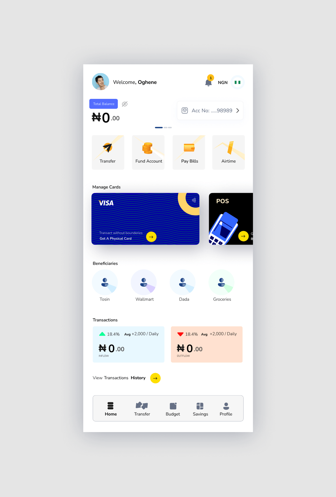 Earlier SureBanker mobile dashboard before the redesign