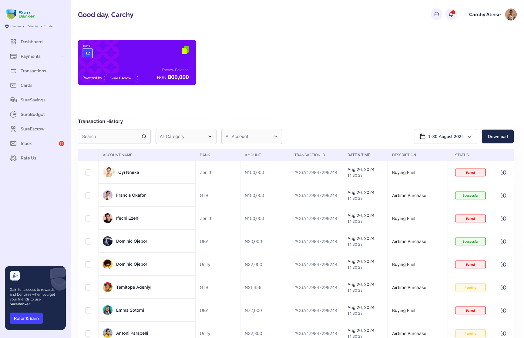 Escrow workspace with active agreements and transaction history