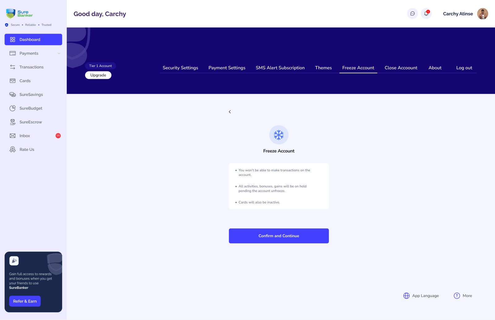 SureBanker desktop account-freeze safety controls