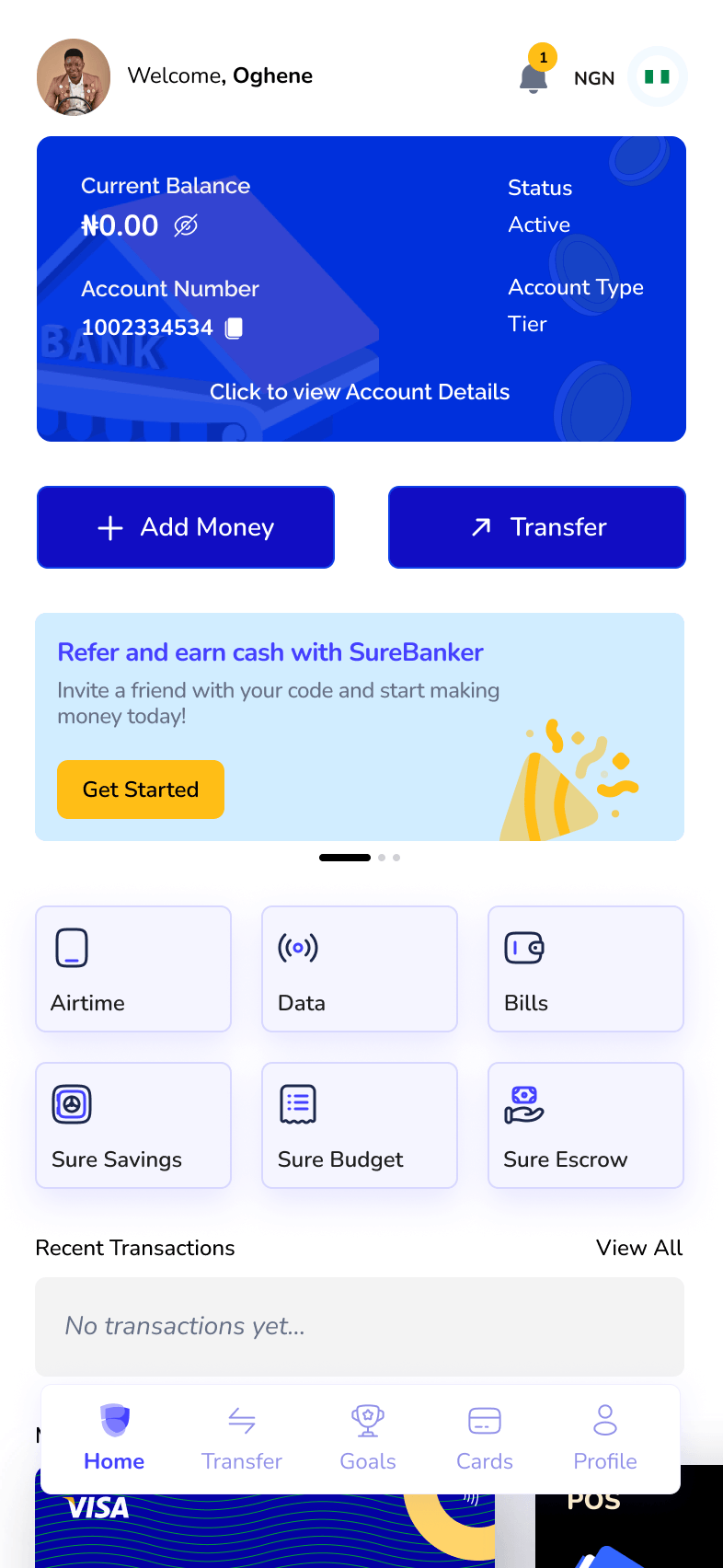 SureBanker personal wallet home
