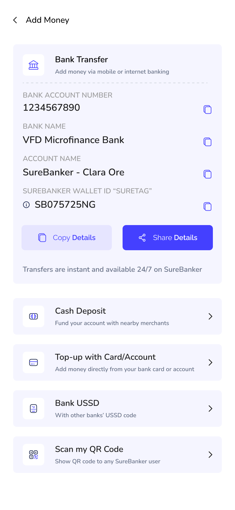 Wallet funding methods and bank-account details