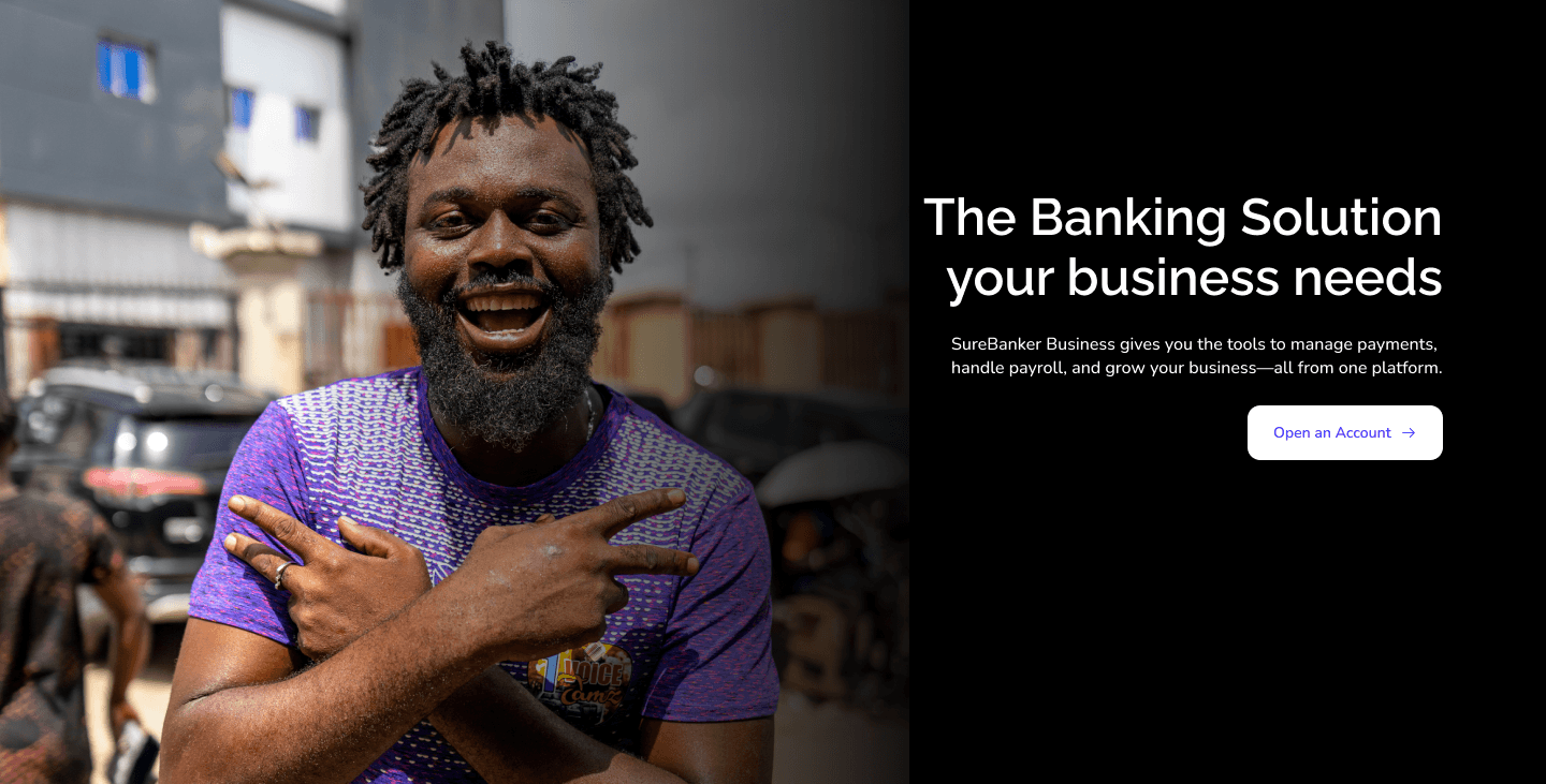 SureBanker landing page business banking section