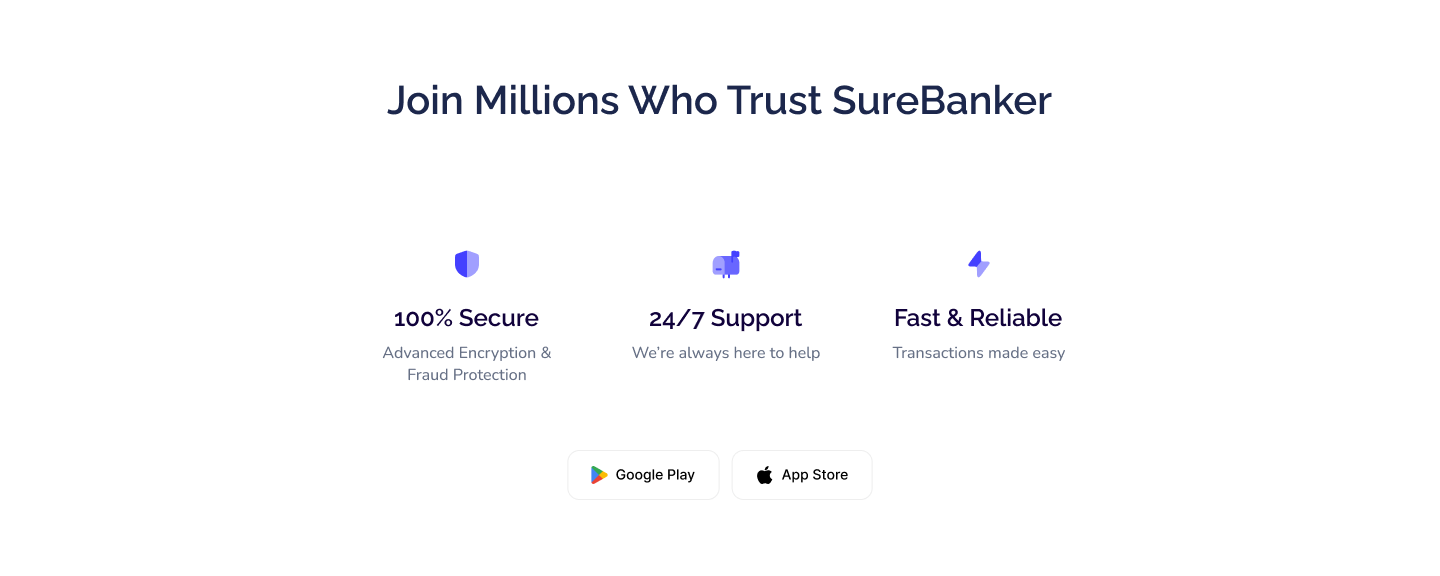 SureBanker landing page trust and reliability proof