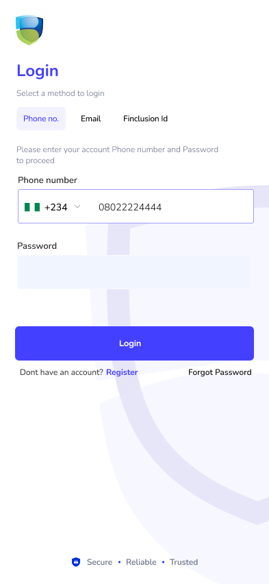 Phone, email, and Finclusion ID login options