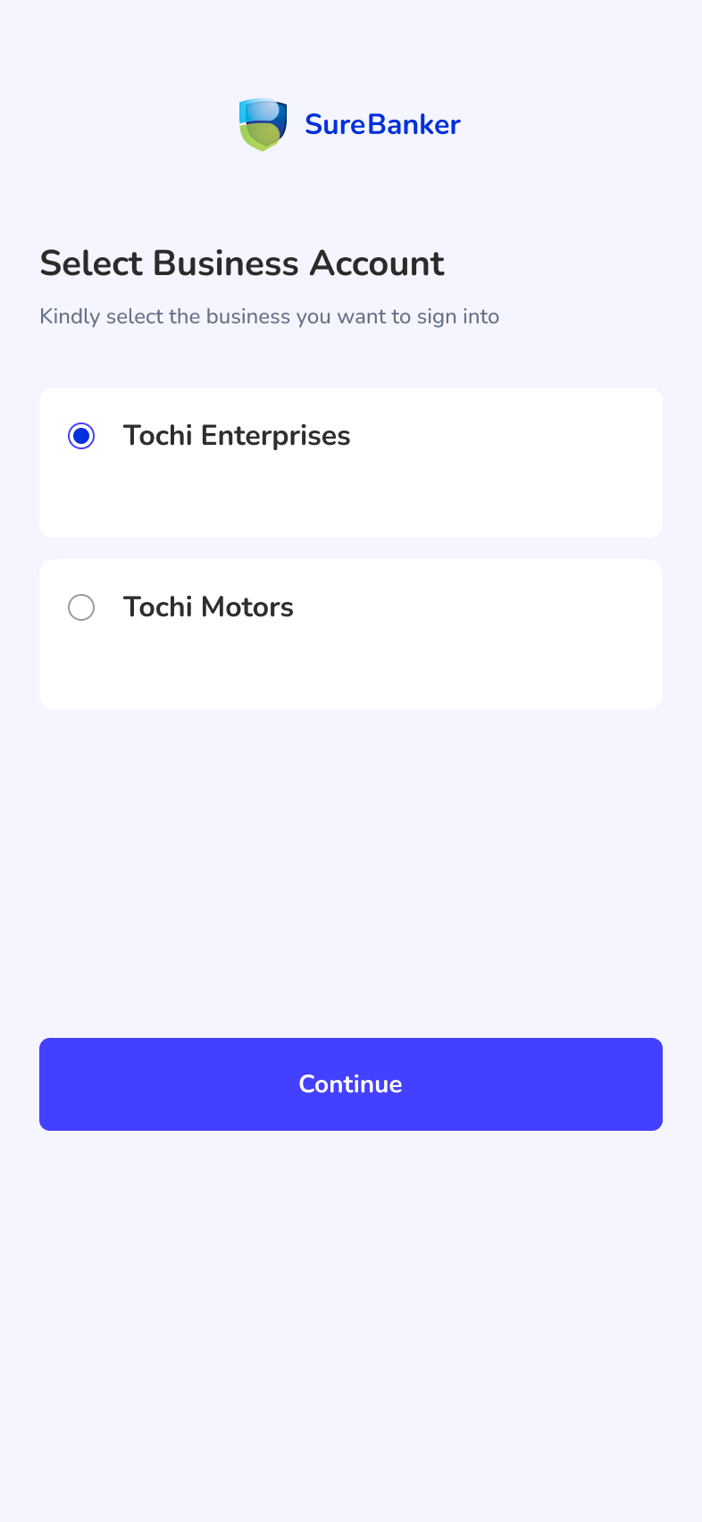 SureBanker business-account selection