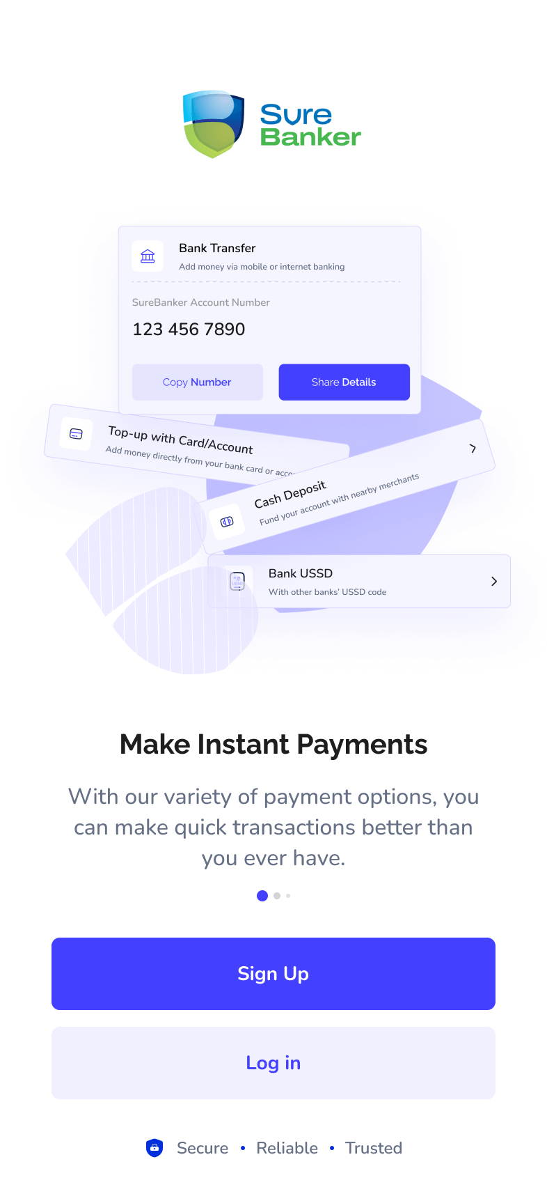 SureBanker onboarding screen introducing instant payments
