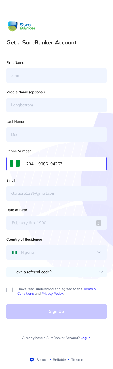 SureBanker detailed account registration form