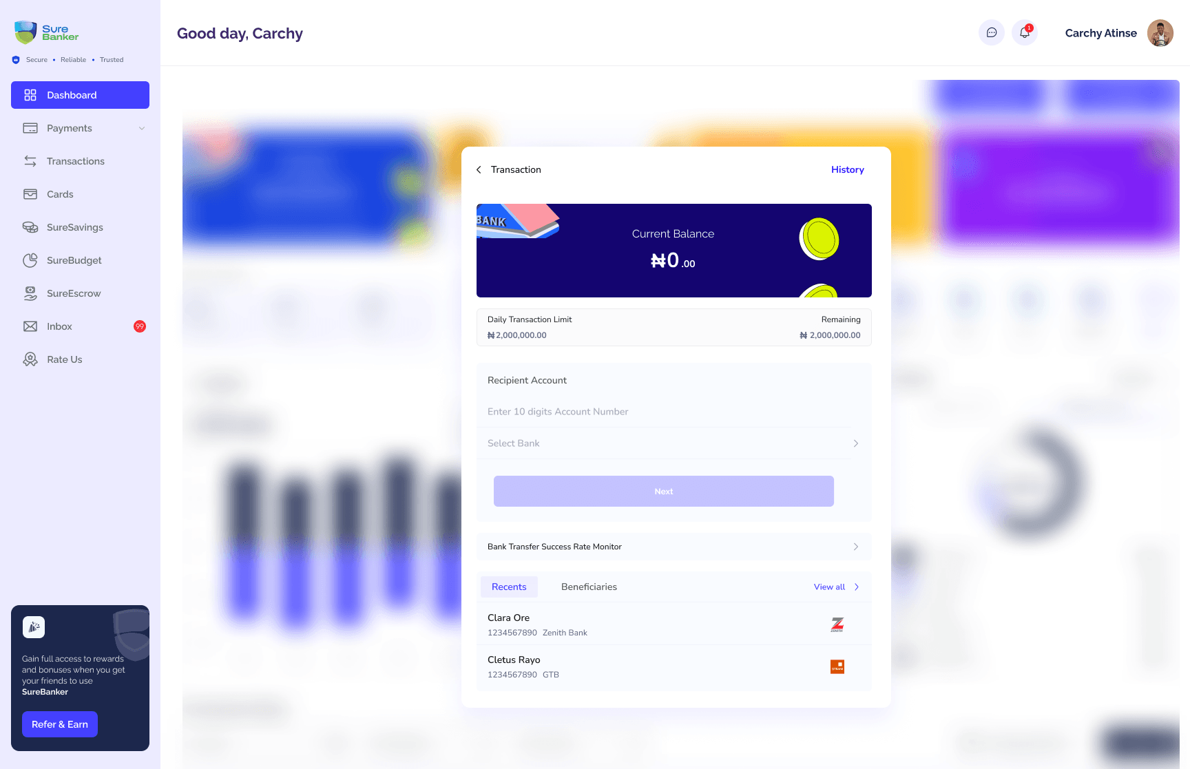 Transfer flow with recipient, amount, narration, and confirmation states