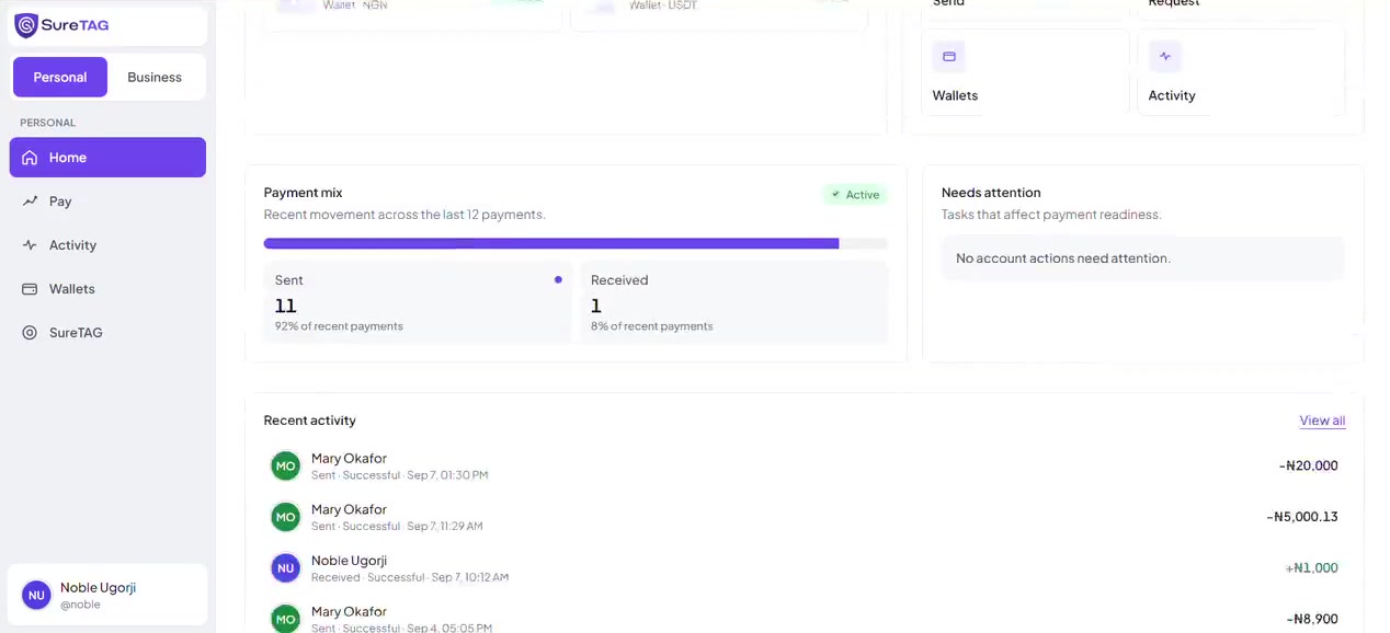 Personal identity workspace with wallets and recent activity