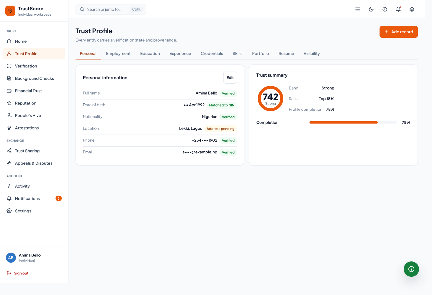 TrustScore personal profile with identity and trust signals